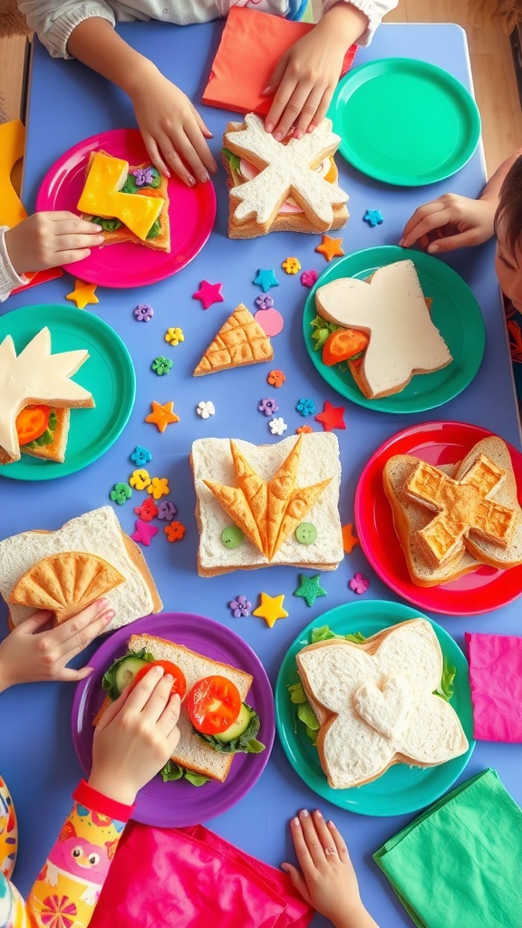 Fun and Easy Sandwich Making Activity for Kids A playful assortment of colorful kid-made sandwiches with various ingredients on a cheerful table.